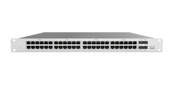 Cisco Meraki Switch Ein länglicher Switch in grau von der Marke Cisco Meraki
